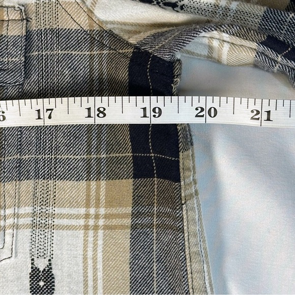 Women’s Button-Down Navy and Cream Plaid Shirt with Stud Shoulders Accents - Picture 13 of 15